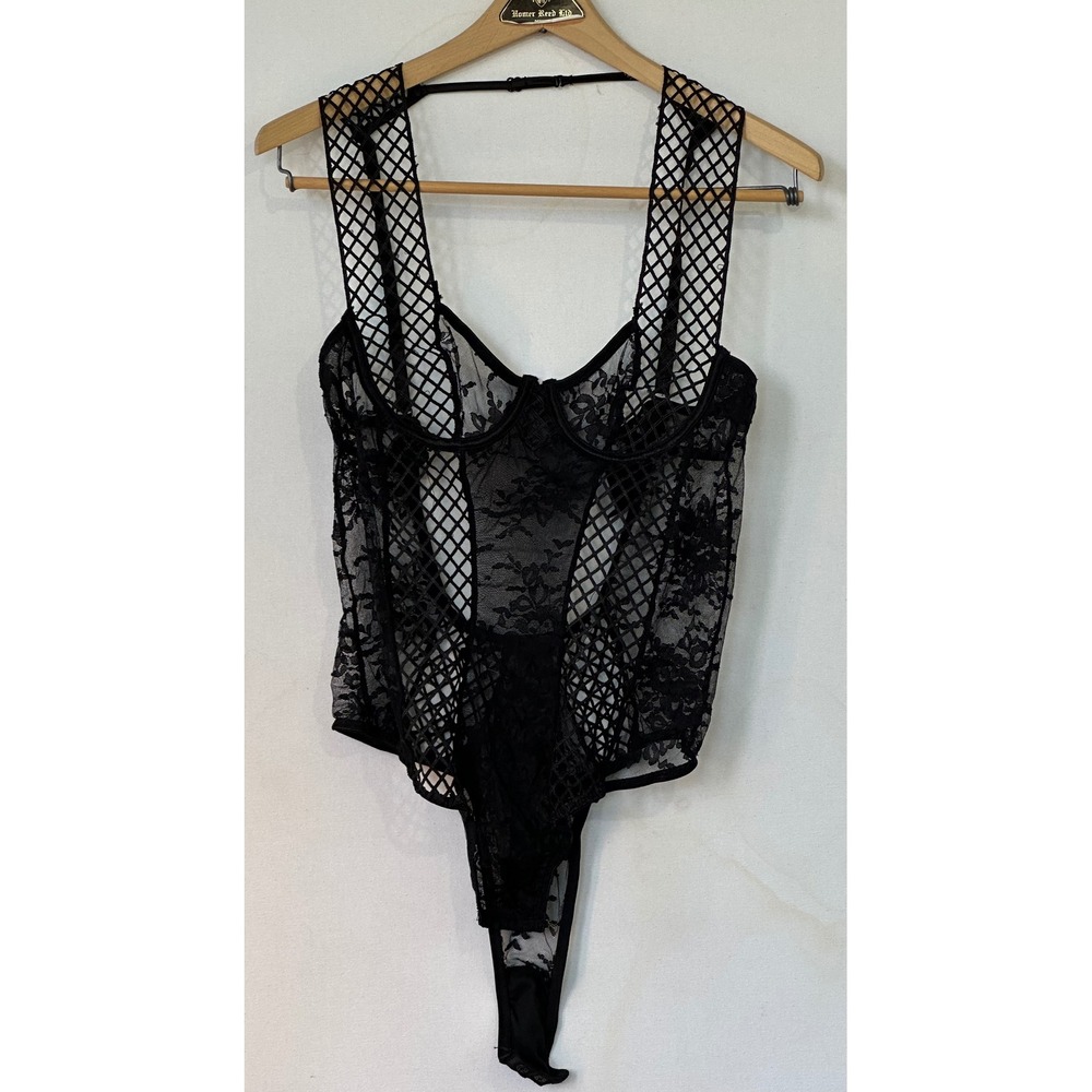 Fashion Nova Bodysuit Lace Fishnet Mesh Teddy Lingerie Womens M Black